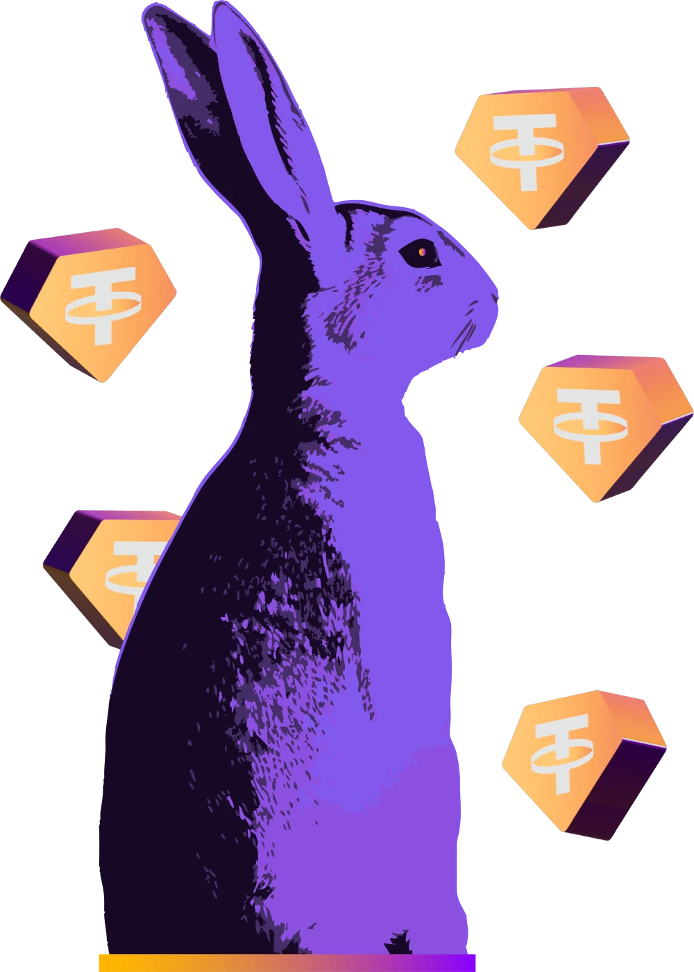 Conejo Centella con logos Tether tri-dimensionales